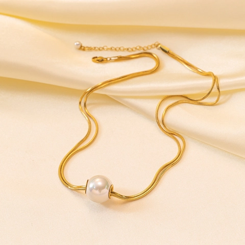 Collana Con Pendente A Doppio Strato In Acciaio Inossidabile Perla Artificiale Catena A Serpente Gioielli Moda Donna