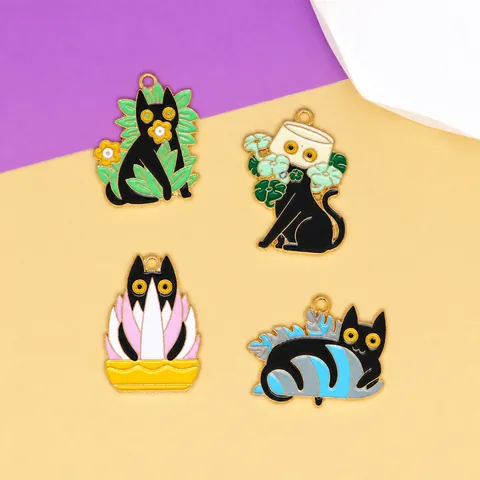 Halloween Plant Black Cat Enamel Alloy Charms For DIY Jewelry Making Necklaces Earrings Keychains Cute Enamel Pendants