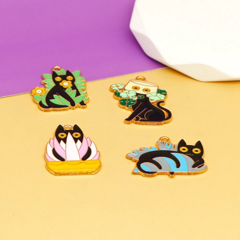 Halloween Plant Black Cat Enamel Alloy Charms For DIY Jewelry Making Necklaces Earrings Keychains Cute Enamel Pendants