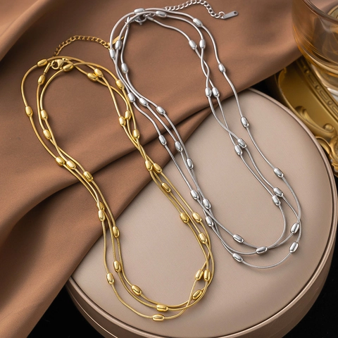Multi Layered Snake Chain Necklace And Bracelet Stainless Steel Oval Bean Beads Minimalist Jewelry For Women
