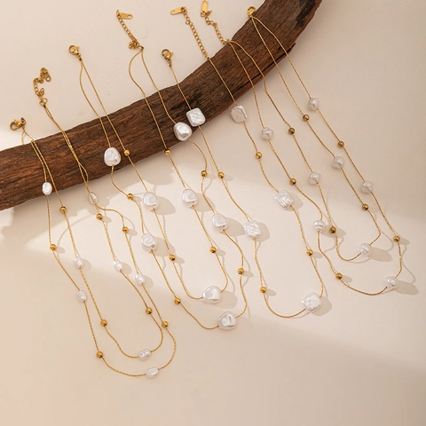 Collar Perlas Barrocas Artificiales Acero Inoxidable Chapado Oro Minimalista Forma Irregular Cadena Clavícula Mujeres