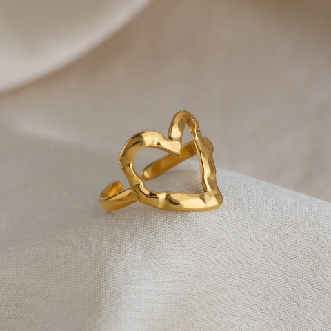 Anillo Corazón Minimalista Acero Inoxidable Chapado Oro 18K Textura Martillada Ajustable Joyería Impermeable Para Mujer
