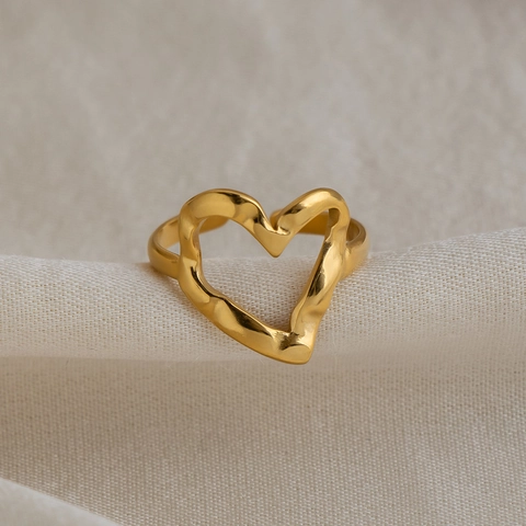 Anillo Corazón Minimalista Acero Inoxidable Chapado Oro 18K Textura Martillada Ajustable Joyería Impermeable Para Mujer