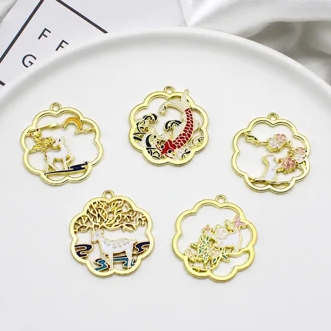 Chinese Style Enamel Alloy Charms For Jewelry Making Hollow Out Koi Fish Sika Deer Cat Pendant DIY Craft Keychain Accessory
