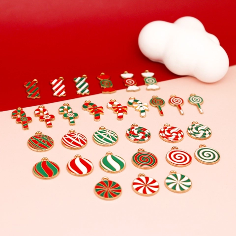 Alloy Enamel Christmas Candy Cane Lollipop Charms For DIY Jewelry Making Keychain Pendant Red Green White Festive Decorations