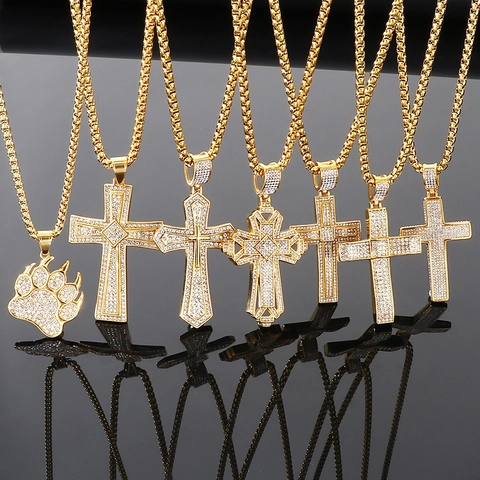 Hip Hop Cross Pendant And Box Chain Titanium Steel Gold Plated Iced Out Paw Jewelry Trendy Unisex