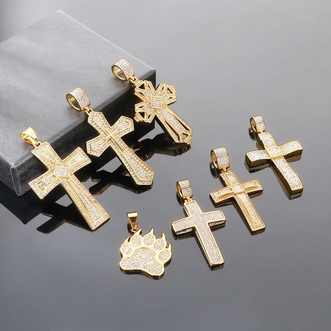 Hip Hop Cross Pendant And Box Chain Titanium Steel Gold Plated Iced Out Paw Jewelry Trendy Unisex