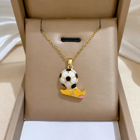 Stainless Steel Gold Plated Soccer Ball And Sneaker Pendant Necklace Sporty Enamel Rhinestone Clavicle Chain Jewelry For Men Women