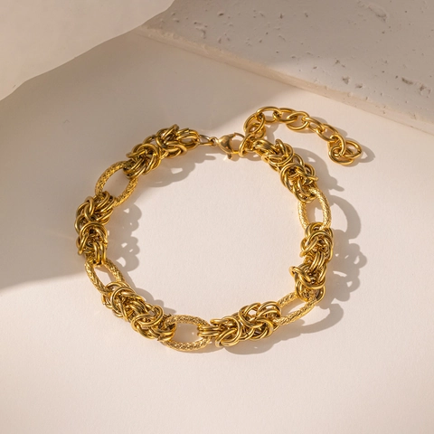Pulsera De Acero Inoxidable Chapada En Oro Para Mujer Eslabones Ovalados Y Redondos Entrelazados Texturizados Moda Hip Hop Ajustable