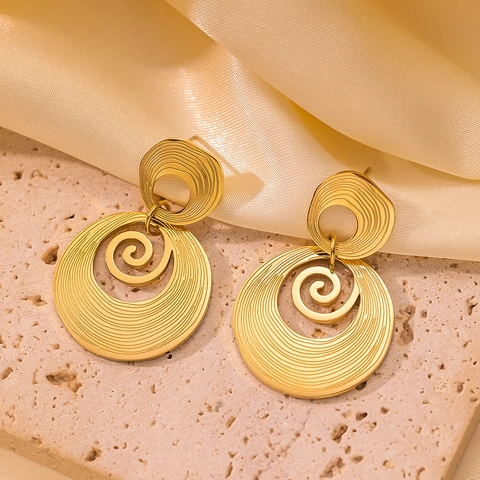 Geometric Hoop Earrings 18K Gold Plated Stainless Steel Bread Texture Spiral Concentric Circle Artistic For Women