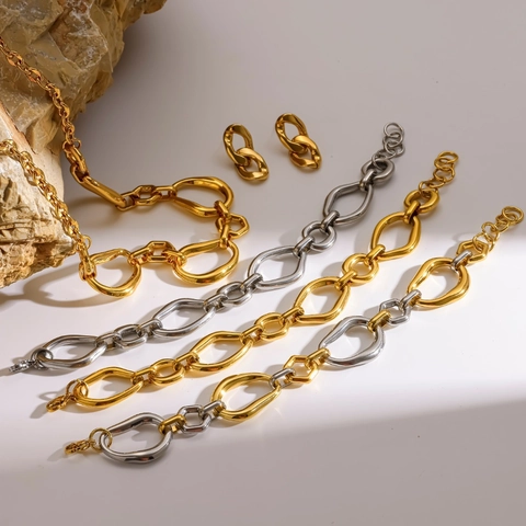 Exaggerated Stainless Steel Round Ring Jewelry Set 18K Gold Plated Thick Chain Necklace Bracelet For Women Fashion Jewelry