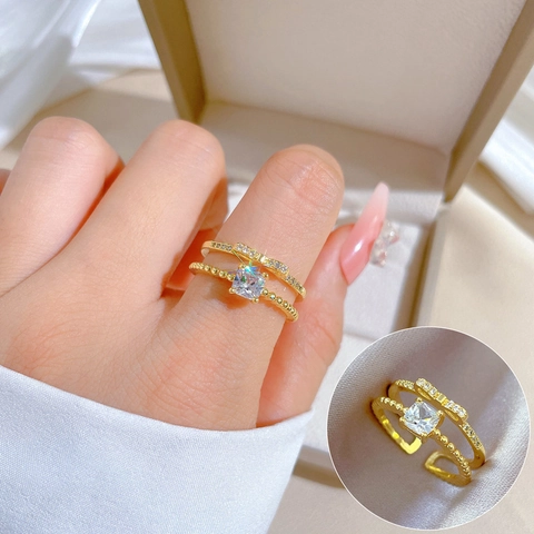 Anello Regolabile A Doppio Strato Fiocco Rame Placcato Oro Zircone Cubico Quadrato Gioielli Eleganti Per Donna