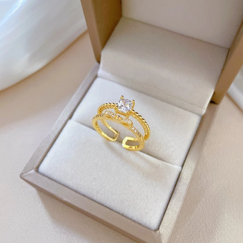 Anello Regolabile A Doppio Strato Fiocco Rame Placcato Oro Zircone Cubico Quadrato Gioielli Eleganti Per Donna