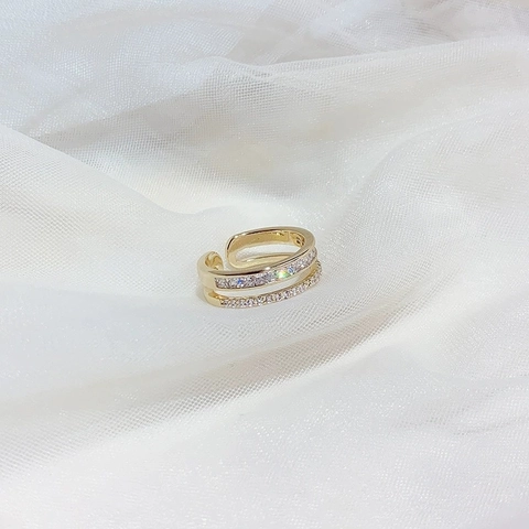 Goldplattierter Kupfer Ring Zweireihiger Zirkonia Verstellbar Offen Lagendesign Modeschmuck Für Damen Elegantes Geschenk