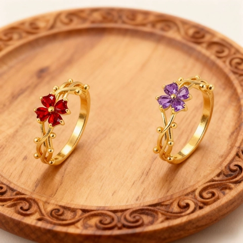 Adjustable Open Ring Copper 18K Gold Plated Heart Zirconia Four Leaf Flower Vine Branch Vintage Style For Women
