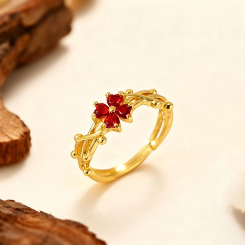 Adjustable Open Ring Copper 18K Gold Plated Heart Zirconia Four Leaf Flower Vine Branch Vintage Style For Women