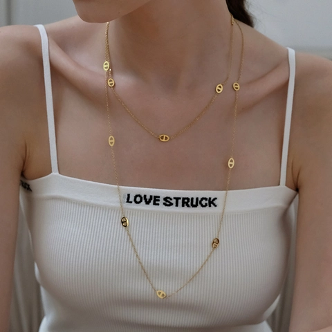 French Vintage 18K Gold Plated Titanium Steel Pig Nose Anchor Link Double Layer Long Chain Necklace Bracelet For Women
