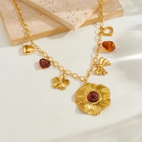 Vintage Gold Plated Stainless Steel Pendant Necklace Brown Resin Heart Flower Bowknot Charms Bohemian Jewelry For Women