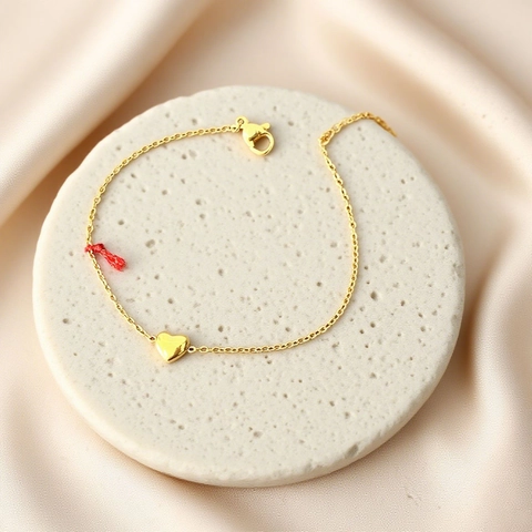 Heart Pendant Bracelet Dainty Stainless Steel With Red Cord Gold Plated Adjustable Minimalist Jewelry For Women