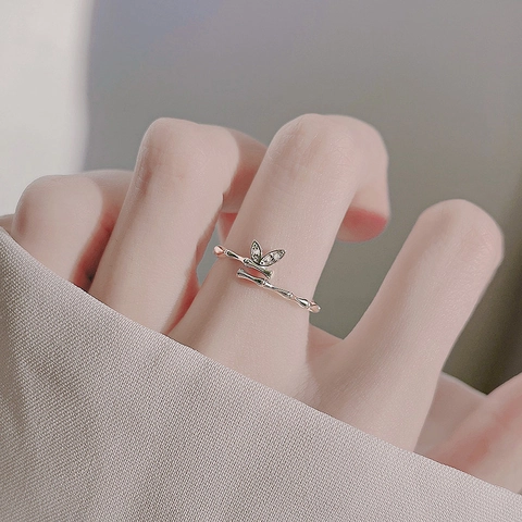 Anello Aperto Foglia Di Bambù Per Donna Rame Zircone Micro Castone Gioielli Chic Accessorio Stile Minimalista