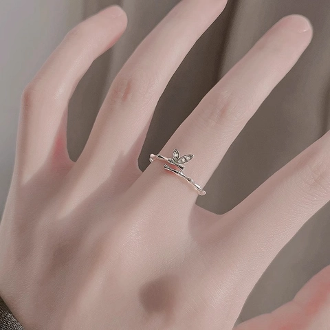 Anello Aperto Foglia Di Bambù Per Donna Rame Zircone Micro Castone Gioielli Chic Accessorio Stile Minimalista