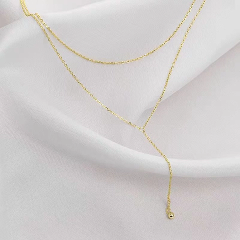 Collar De Doble Capa En Y Acero Inoxidable Minimalista Borla De Cuenta Dorada Colante Joyería Para Mujer