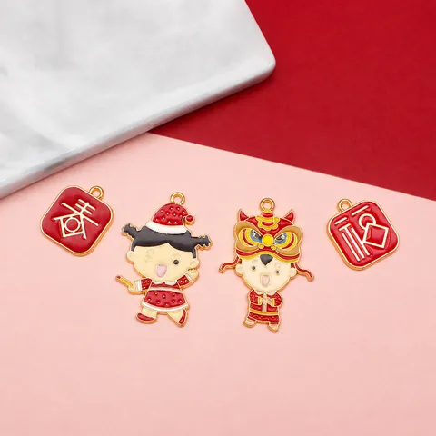 Chinese New Year DIY Alloy Enamel Pendants For Keychain Jewelry Making Red Gold Spring Blessing Doll Hanging Accessories