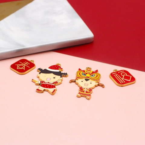 Chinese New Year DIY Alloy Enamel Pendants For Keychain Jewelry Making Red Gold Spring Blessing Doll Hanging Accessories