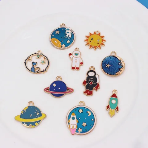 Space Astronaut Planet Charms Alloy Enamel Pendants DIY Jewelry Making Accessories Cute Cartoon Rocket Moon Star Cat