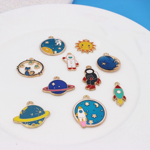 Space Astronaut Planet Charms Alloy Enamel Pendants DIY Jewelry Making Accessories Cute Cartoon Rocket Moon Star Cat