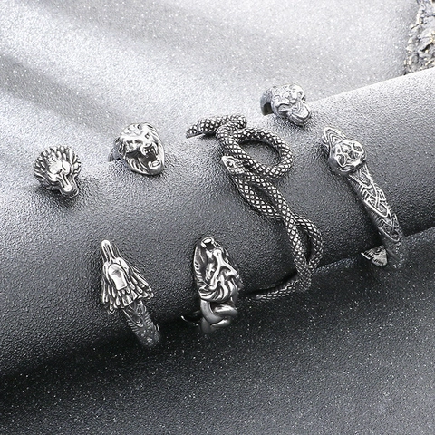 Brazalete Abierto Punk Cabeza de León Serpiente Vintage Antiguo Acero de Titanio Hombre Pulsera Animal Envuelto Joyería