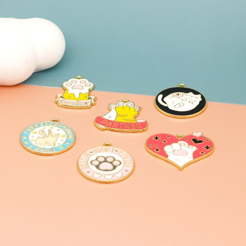 Women Cartoon Zinc Alloy Enameled Cat Paw Kitty Round Heart Charms For DIY Necklace Earrings Jewelry Making Accessories Pendants
