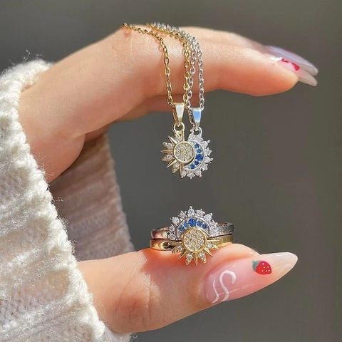 Sonne Und Mond Halskette Und Stapelring Kupfer Straß Magnetisch Retro Verstellbarer Schmuck Für Frauen