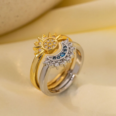 Sun Moon Celestial Adjustable Open Rings For Women Brass Gold Silver Plated With Colorful Zirconia Romantic Jewelry