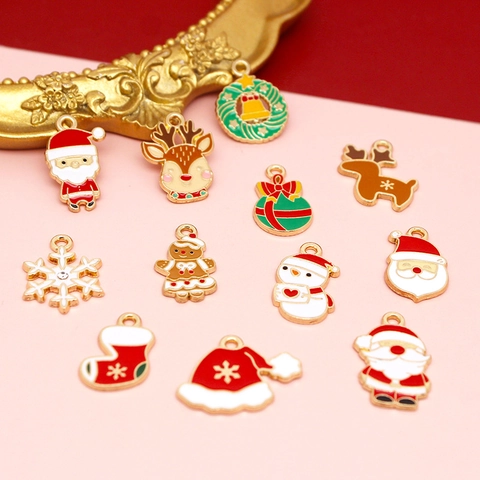 Christmas Series DIY Alloy Drip Oil Jewelry Charms Santa Claus Snowman Elk Snowflake Stocking Wreath Pendants For Earring Making