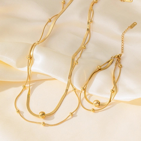 Vintage Punk Stainless Steel Double Layer Round Bead Snake Chain Necklace Bracelet Anklet For Women Gold Steel Jewelry