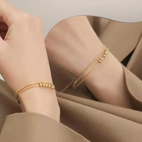 Layered Edelstahl Armband Fußkettchen Mit Runden Perlen 18K Vergoldet Schlangenkette Für Frauen Verstellbar