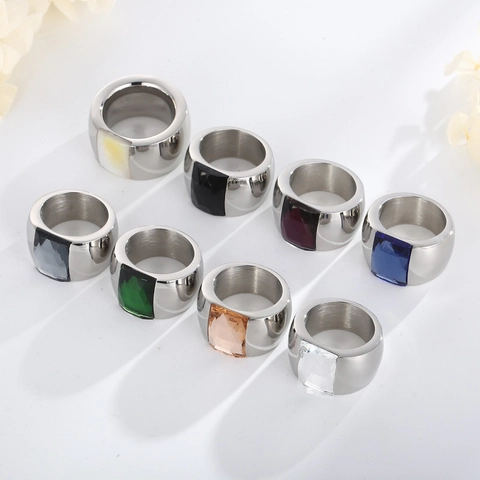 Wide Band Ring Titanium Steel Large Rectangular Glass Stone Geometric Inlaid Luxurious Boho Jewelry For Women Men Unisex