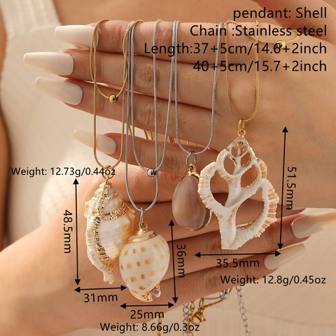Natural Shell Conch Pendant Necklace Double Layer Stainless Steel Gold Silver Plated Snake Chain Summer Women Jewelry