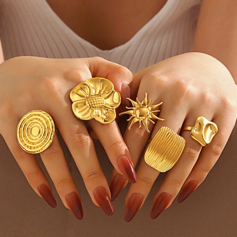 Übergroßer Edelstahl Offener Ring Für Damen 18K Vergoldet Geometrische Blume Sonne Welle Strukturierter Statement Verstellbarer Fingerring Schmuck
