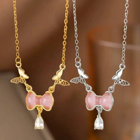 Schmetterling Schleife Anhänger Halskette 304 Edelstahl Kupfer Rosa Katzenauge Stein Zirkon Süß Elegant Damen