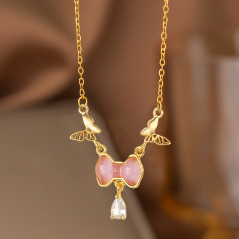 Schmetterling Schleife Anhänger Halskette 304 Edelstahl Kupfer Rosa Katzenauge Stein Zirkon Süß Elegant Damen