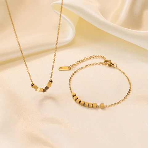 Minimalist Cube Beads Necklace And Bracelet And Anklet Stainless Steel 18K Gold Plated Geometric Elegant Women