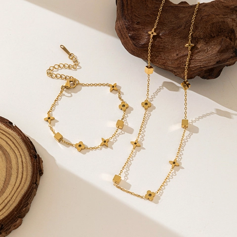 Flower Four Leaf Clover Jewelry Set Stainless Steel Geometric Cube Charm Necklace Bracelet Anklet For Women Fashion