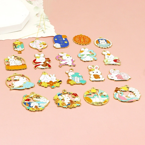 Chinese Style Cartoon Rabbit Alloy Enamel Pendant For DIY Jewelry Making Mid-Autumn Festival Mooncake Lantern Bunny Charm