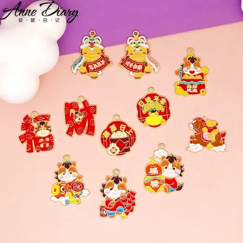 DIY Zinc Alloy Enamel Zodiac Horse Snake Charms Pendants Chinese New Year Good Luck Fu Character Jewelry Making Supplies