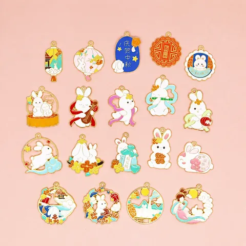 Chinese Style Cartoon Rabbit Alloy Enamel Pendant For DIY Jewelry Making Mid-Autumn Festival Mooncake Lantern Bunny Charm
