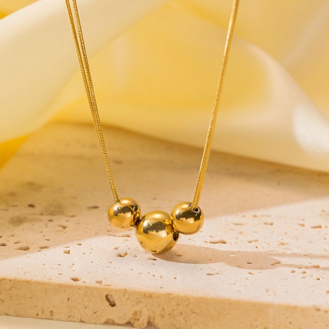 Collana Minimalista In Acciaio Inossidabile Placcato Oro Doppio Strato Catena A Serpente Con Perline Tonde Lucide Per Donna