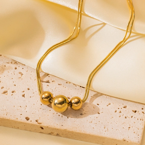 Collana Minimalista In Acciaio Inossidabile Placcato Oro Doppio Strato Catena A Serpente Con Perline Tonde Lucide Per Donna