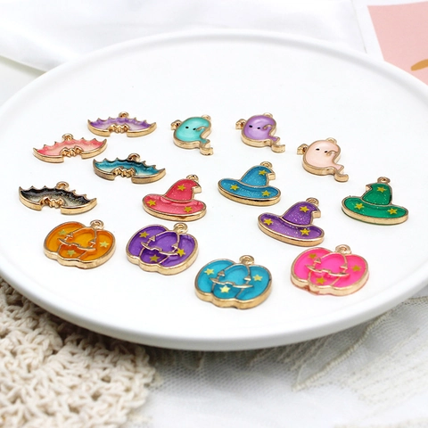 Halloween Alloy Enamel Charms DIY Jewelry Making Accessories Pumpkin Ghost Bat Wizard Hat Festive Pendants